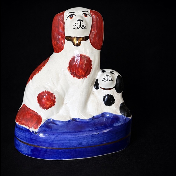 Antique Staffordshire Pottery Dog Figurine w/ PuppyHand-Painted